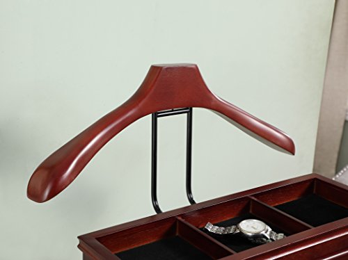 Proman Products Bombay Suit Valet Stand VL16700 with Drawer, Top Tray, Contour Hanger, Trouser Bar, and Shoe Rack, 18" W x 16" D x 48" H, Mahogany