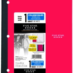 Five Star Bound Notebook with Pocket, 1 Subject, College Ruled Paper, 80 Sheets, 11" x 8-1/2", Color Selected For You, 1 Count (09294)