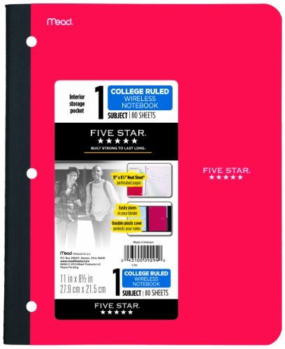 Five Star Bound Notebook with Pocket, 1 Subject, College Ruled Paper, 80 Sheets, 11" x 8-1/2", Color Selected For You, 1 Count (09294)