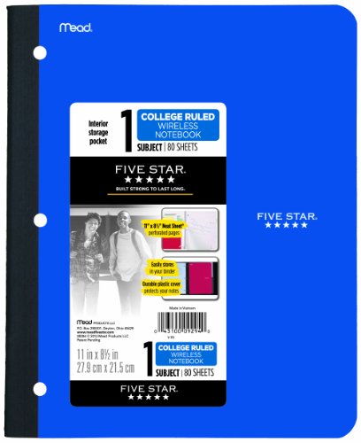 Five Star Bound Notebook with Pocket, 1 Subject, College Ruled Paper, 80 Sheets, 11" x 8-1/2", Color Selected For You, 1 Count (09294)