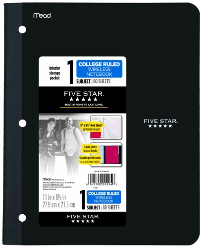 Five Star Bound Notebook with Pocket, 1 Subject, College Ruled Paper, 80 Sheets, 11" x 8-1/2", Color Selected For You, 1 Count (09294)