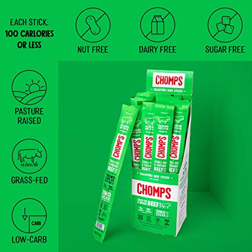 Chomps Grass Fed Jalapeno Beef Jerky Snack Sticks, Keto & Paleo, Whole30 Approved, Non-GMO, Gluten Free, Sugar Free, Nitrate Free, Low Carb, 90 Calorie Snacks, 1.15 Oz Meat Stick, Pack of 24