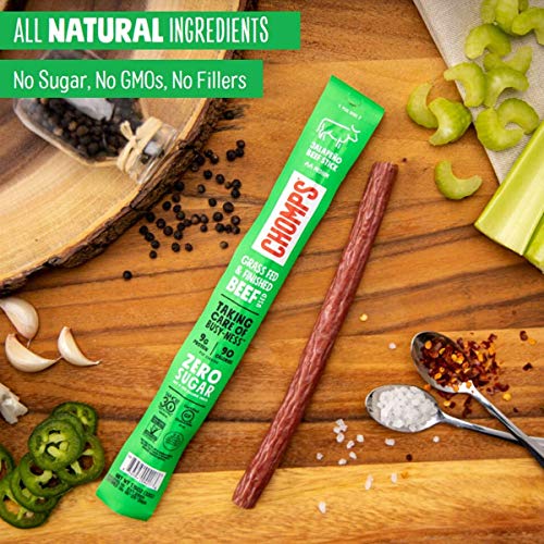 Chomps Grass Fed Jalapeno Beef Jerky Snack Sticks, Keto & Paleo, Whole30 Approved, Non-GMO, Gluten Free, Sugar Free, Nitrate Free, Low Carb, 90 Calorie Snacks, 1.15 Oz Meat Stick, Pack of 24