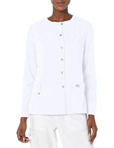 dickies womens xtreme stretch crew neck snap front warm-up medical scrubs jacket, white, medium us