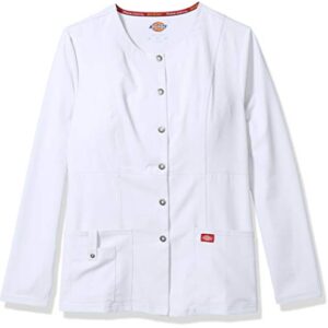 Dickies womens Xtreme Stretch Crew Neck Snap Front Warm-up Medical Scrubs Jacket, White, Medium US