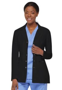 dickies xtreme stretch 28" stretch womens snap front lab coat 82400, m, black