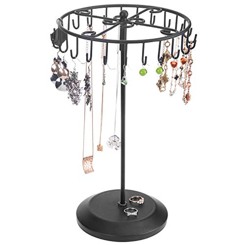 MyGift 14-Inch Black Metal Rotating Bracelet and Necklace Jewelry Tower with 24 Hooks and Round Base, Accessories and Keychain Holder Display Stand