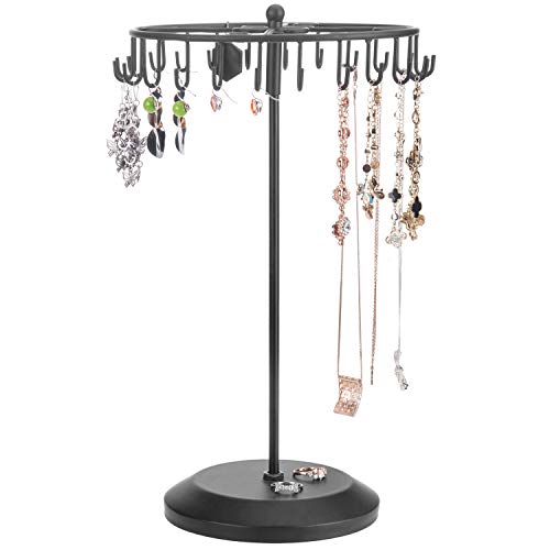 MyGift 14-Inch Black Metal Rotating Bracelet and Necklace Jewelry Tower with 24 Hooks and Round Base, Accessories and Keychain Holder Display Stand