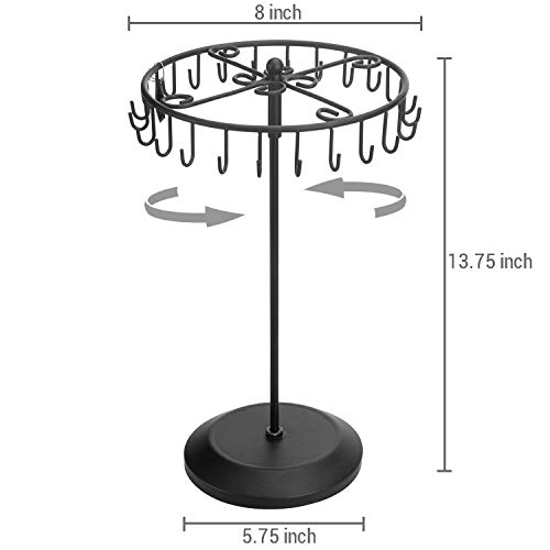 MyGift 14-Inch Black Metal Rotating Bracelet and Necklace Jewelry Tower with 24 Hooks and Round Base, Accessories and Keychain Holder Display Stand