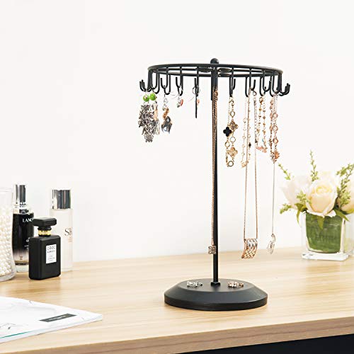 MyGift 14-Inch Black Metal Rotating Bracelet and Necklace Jewelry Tower with 24 Hooks and Round Base, Accessories and Keychain Holder Display Stand