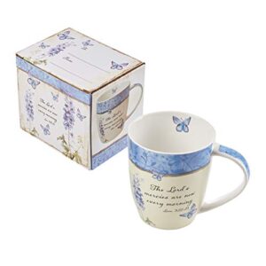 Christian Art Gifts Bible Verse Mug for Women Butterfly Scripture Mug w/Blue Flowers – The Lord’s Mercies Lamentations 3:22-23 Mug Inspirational Coffee Cup and Christian Gift (12 oz Ceramic Cup)