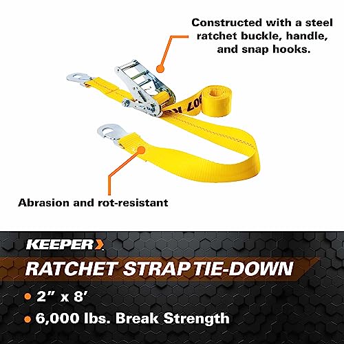 Keeper – 2” x 8’ Heavy Duty Auto Tie-Down with Snap Hooks - 2,000 lbs. Working Load Limit and 6,000 lbs. Break Strength