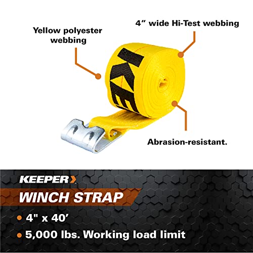 Keeper - 4" x 40’ Winch Strap With Flat Hook - 5,000 lbs. Working Load Limit And 15,000 lbs. Break Strength