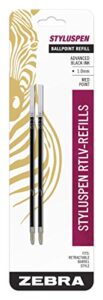 zebra styluspen retractable ballpoint pen refill, medium point, 1.0mm, black ink, 2-count