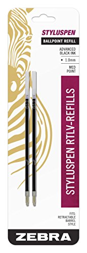 Zebra StylusPen Retractable Ballpoint Pen Refill, Medium Point, 1.0mm, Black Ink, 2-Count