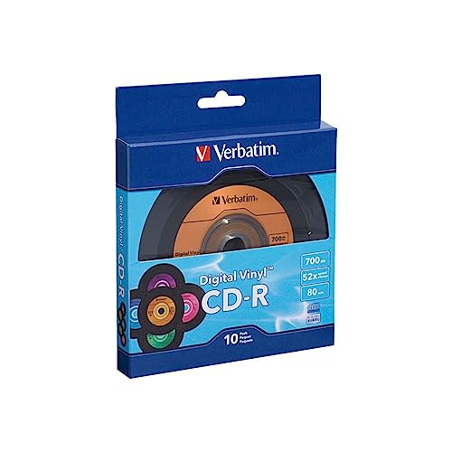 Verbatim CD-R Blank Discs 700MB 80min 52X Recordable Disc for Data and Music with Digital Vinyl Surface - 10pk Bulk Box Blue/Green/Orange/Pink/Purple