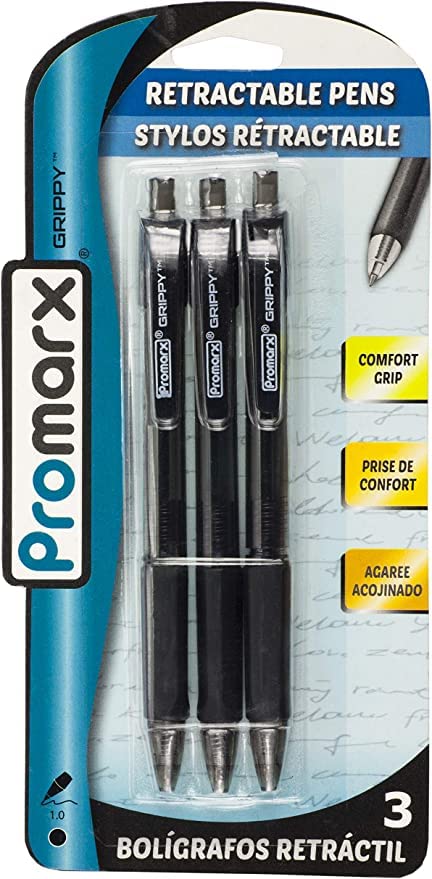 Promax Grippy 1.0 Retractable pen, Black Ink, Comfort Grip, 4 pack