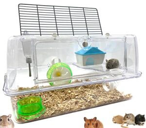 deluxe 2-tiers acrylic dwarf hamster home mouse gerbil palace rat habitat cage running wheel water bottle food bowl (19" x 12" x 11"h, acrylic clear)