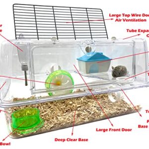 Deluxe 2-Tiers Acrylic Dwarf Hamster Home Mouse Gerbil Palace Rat Habitat Cage Running Wheel Water Bottle Food Bowl (19" x 12" x 11"H, Acrylic Clear)