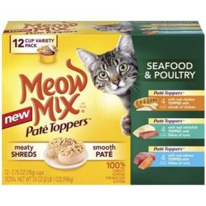 meow mix company 799451-pack 4 mix pate topper seafood/chicken variety, 2.75-ounce
