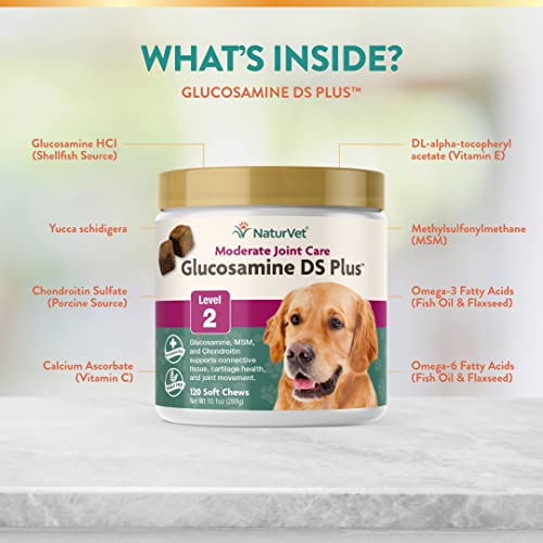 NaturVet – Glucosamine DS Plus - Level 2 Moderate Care – Supports Healthy Hip & Joint Function – Enhanced with Glucosamine, MSM & Chondroitin – for Dogs & Cats–120 Soft Chews