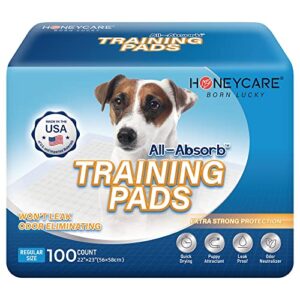 honey care all-absorb, large 22" x 23", 100 count, dog and puppy training pads, ultra absorbent and odor eliminating, leak-proof 5-layer potty training pads with quick-dry surface, blue, a01