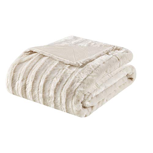 Madison Park Duke Luxury Long Faux Fur Throw Ivory 50*60 Premium Soft Cozy Brushed Long Faux Fur For Bed, Coach or Sofa