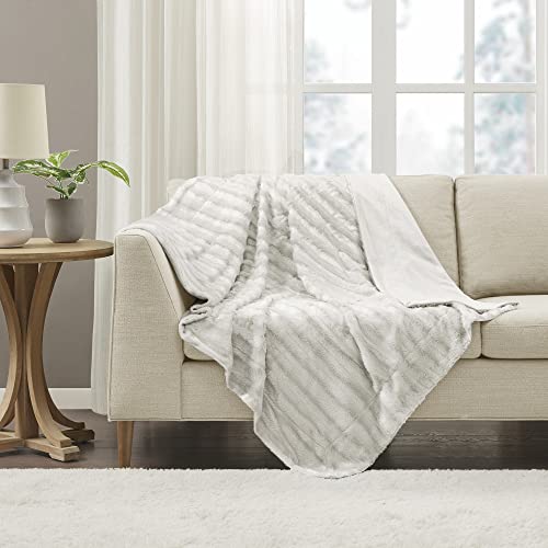 Madison Park Duke Luxury Long Faux Fur Throw Ivory 50*60 Premium Soft Cozy Brushed Long Faux Fur For Bed, Coach or Sofa