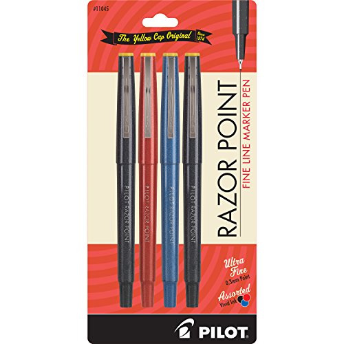 Pilot Razor Point Fine Line Marker Pens, Ultra-Fine 0.3mm Point, Black / Blue / Red, Pack of 4 (PIL 11045)