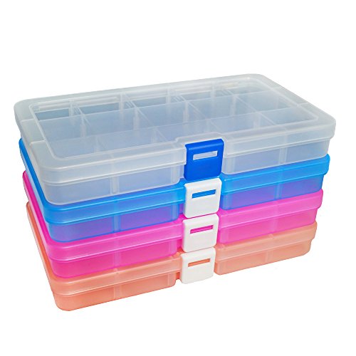 DUOFIRE Plastic Organizer Container Storage Box Adjustable Divider Removable Grid Compartment for Jewelry Beads Earring Container Tool Fishing Hook Small Accessories (15 grids, 4 Colors)