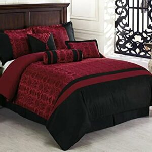 Chezmoi Collection Dynasty Jacquard 7-Piece Comforter Set Black/Red (Queen)