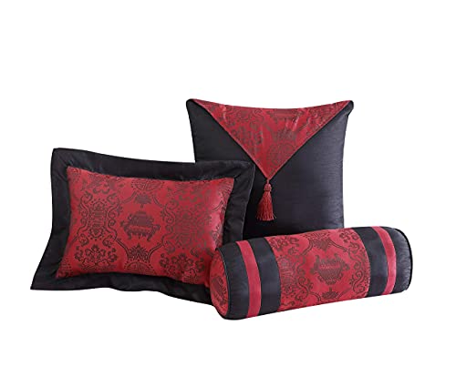 Chezmoi Collection Dynasty Jacquard 7-Piece Comforter Set Black/Red (Queen)