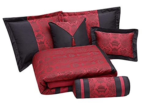 Chezmoi Collection Dynasty Jacquard 7-Piece Comforter Set Black/Red (Queen)