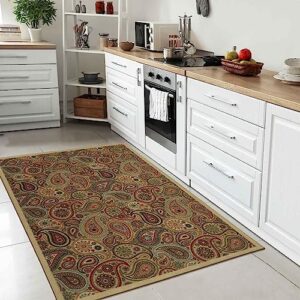 machine washable paisley design non-slip rubberback 5x7 traditional area rug for living room, bedroom, kitchen, 5' x 6'6", beige