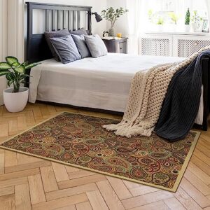 Machine Washable Paisley Design Non-Slip Rubberback 5x7 Traditional Area Rug for Living Room, Bedroom, Kitchen, 5' x 6'6", Beige