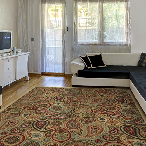 Ottomanson Machine Washable Paisley Design Non-Slip Rubberback 8x10 Traditional Area Rug for Living Room, Bedroom, Kitchen, 7'10" x 9'10", Beige