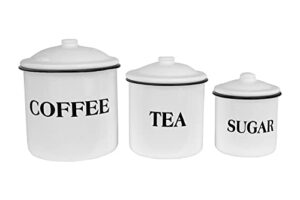 creative co-op farmhouse enameled metal containers with "coffee", "tea", and "sugar" messages, white and black, set of 3 sizes