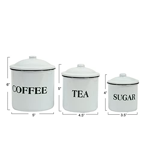 Creative Co-Op Farmhouse Enameled Metal Containers with "Coffee", "Tea", and "Sugar" Messages, White and Black, Set of 3 Sizes