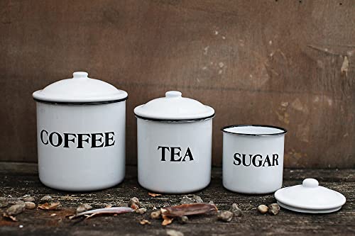 Creative Co-Op Farmhouse Enameled Metal Containers with "Coffee", "Tea", and "Sugar" Messages, White and Black, Set of 3 Sizes