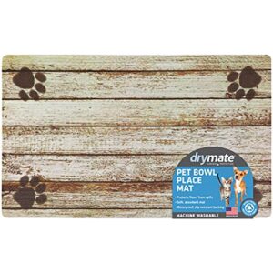 drymate pet bowl placemat, dog & cat food feeding mat - absorbent fabric, waterproof backing, slip-resistant - machine washable/durable (usa made) (12” x 20”) (distressed wood tan)