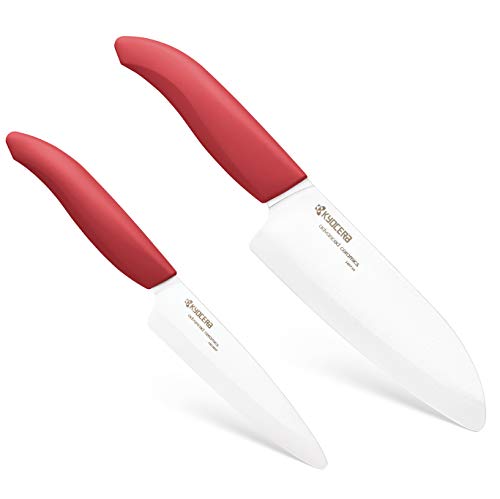 Kyocera Revolution Ceramic Kitchen Knife Set, 4.5" Utility and 5.5" Santoku, Red