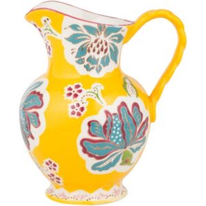 Gracie China Dutch Wax Hand Paint Ceramic 9-3/4-Inch Pitcher 80-Ounce Floral Golden Teal