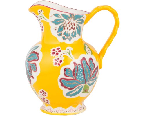 Gracie China Dutch Wax Hand Paint Ceramic 9-3/4-Inch Pitcher 80-Ounce Floral Golden Teal