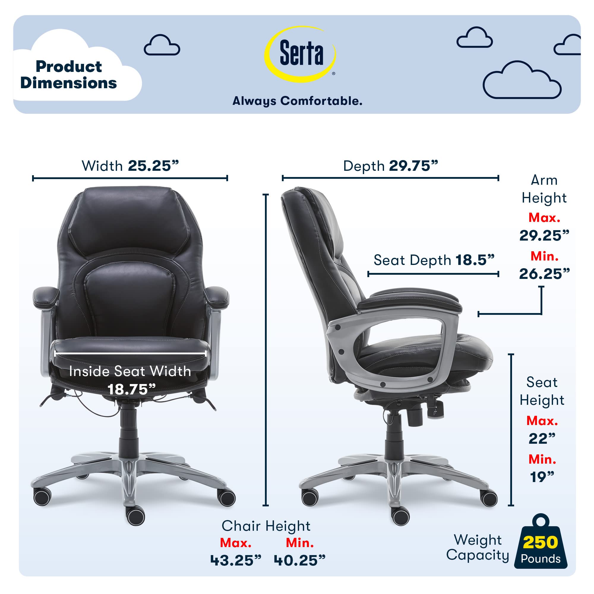 Serta Wellness by Design Executive Office Back in Motion Technology, Ergonomic Computer Chair with Lumbar Support, Mid, Leather, Black