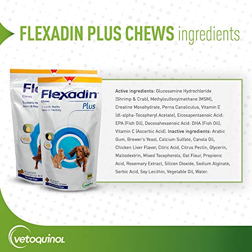 Vetoquinol Flexadin Plus Hip and Joint Supplement for Dogs, Glucosamine and Chondroitin for Dogs, Contains MSM and Chondroitin for Joint Support for Medium to Large Dogs Over 30lbs, 90ct