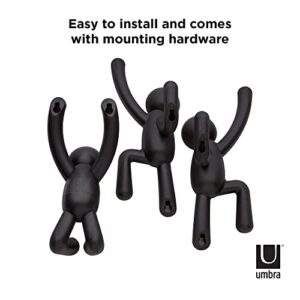 Umbra Buddy Wall Hooks – Decorative Wall Mounted Coat Hooks for Hanging Coats, Scarves, Bags, Purses, Backpacks, Towels and More, Set of 3, Black