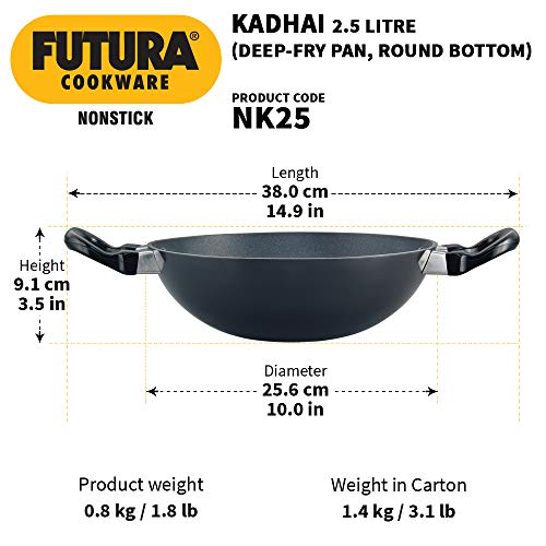 HAWKINS Futura Non-Stick Kadhai Deep-Fry Pan Black 2.5 L