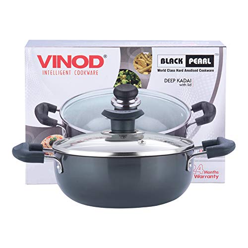 Vinod Cookware Professional Deep Kadhai – 2.1 Liters(2.2 Quarts) – 20cm–Glass Lid Included – Multi-Use Hard Anodized Wok/Pot –Suitable For Indian Cooking, Sauces, Pasta, Stews, Soups – Riveted Handles