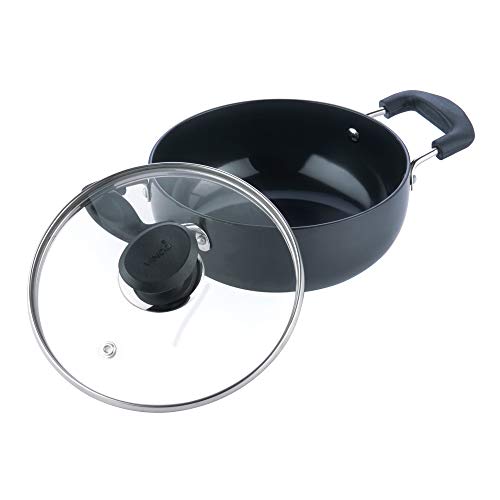 Vinod Cookware Professional Deep Kadhai – 2.1 Liters(2.2 Quarts) – 20cm–Glass Lid Included – Multi-Use Hard Anodized Wok/Pot –Suitable For Indian Cooking, Sauces, Pasta, Stews, Soups – Riveted Handles