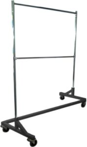gr600-eh deluxe commercial grade rolling z garment rack, 400lb capacity, 63" length with add-on extra double rail, adjustable height chrome uprights and black base, one rack